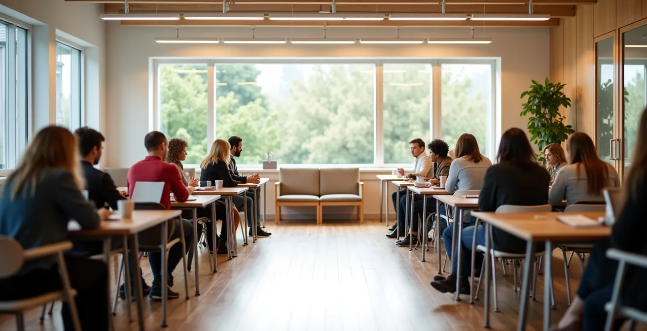 Vue d'ensemble d'un espace de séminaire inclusif montrant des participants de diverses capacités engagés dans des activités adaptées, fauteuil roulant accessible, zones de repos
