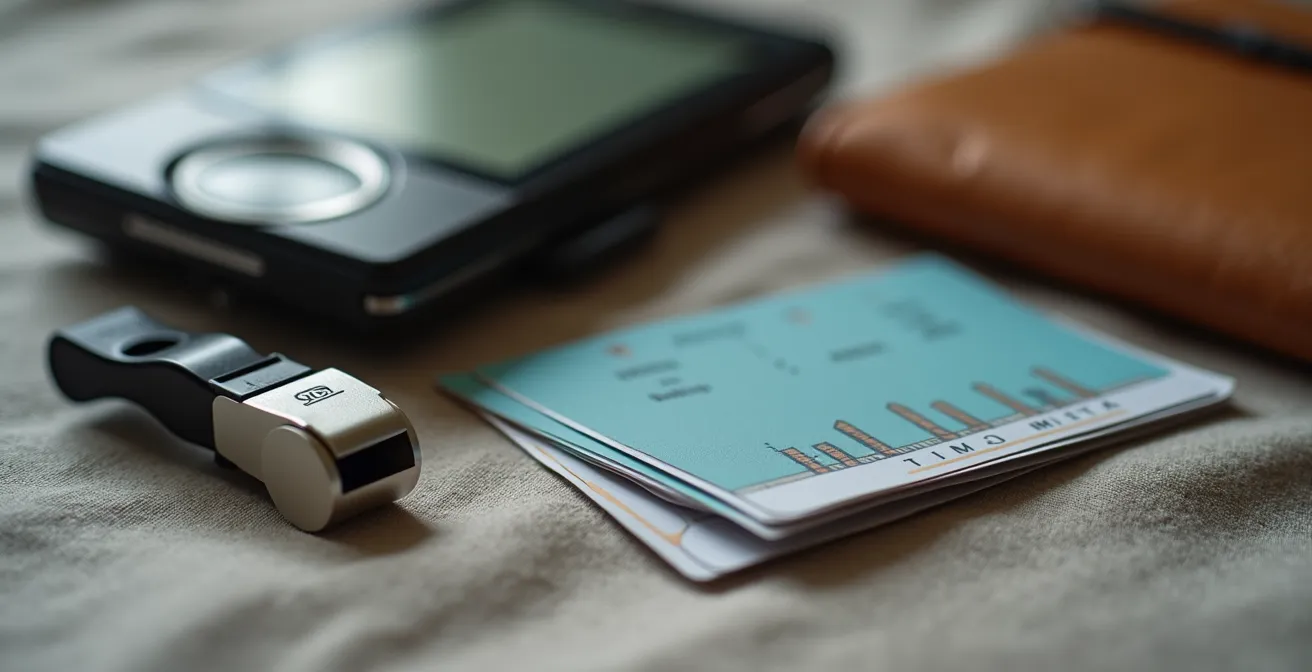 Détail rapproché des équipements essentiels d'un kit animateur : chronomètre, micro-casque, sifflet, pince de timing et documents organisationnels