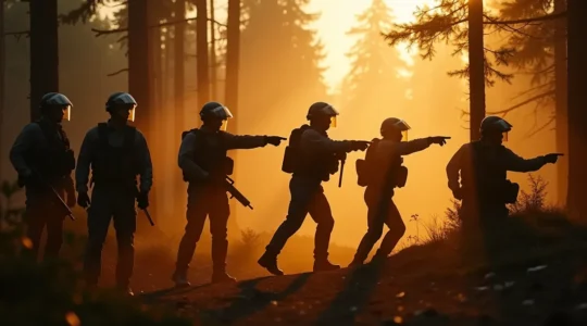 Scène de stratégie d'équipe en action avec éléments visuels dynamiques représentant le leadership et la prise de décision