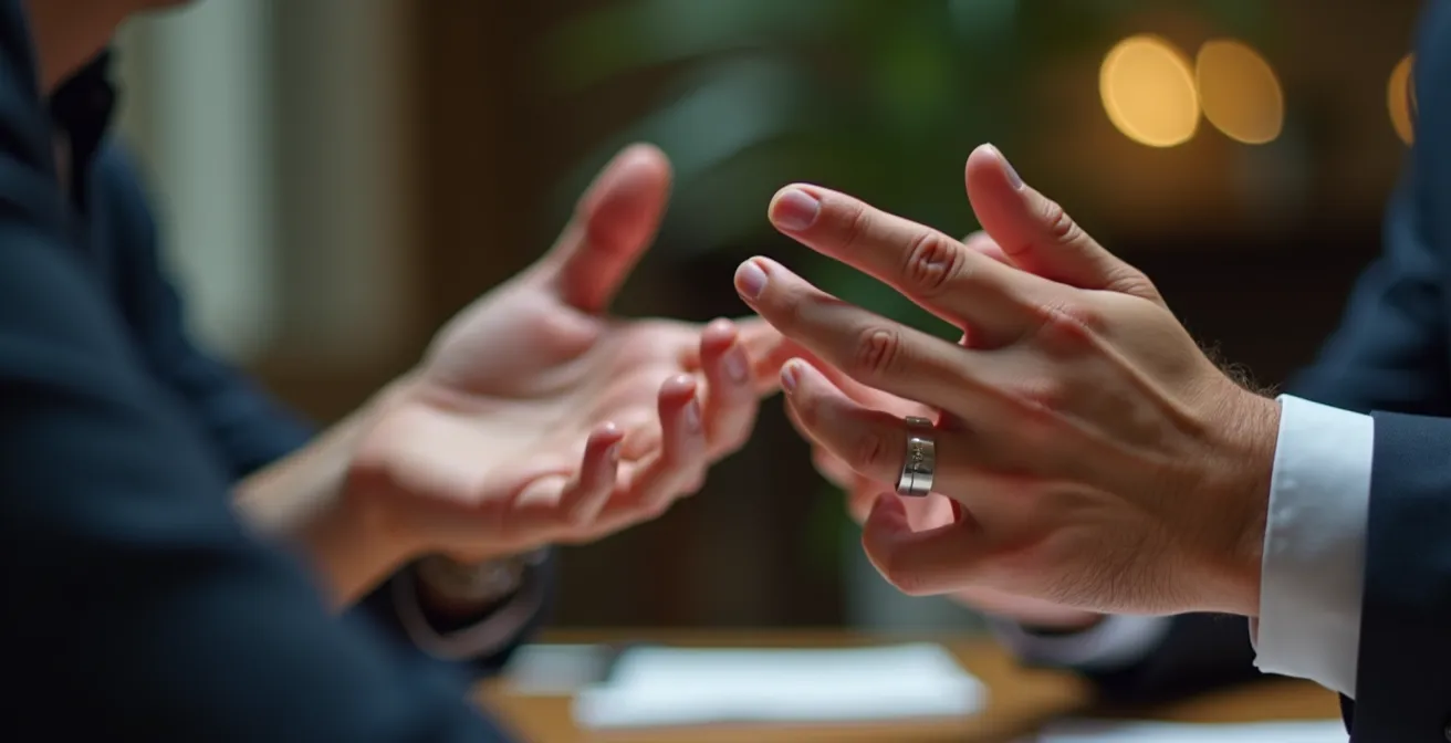 Gros plan macro sur des mains qui gesticulent pendant une communication intense dans un escape game