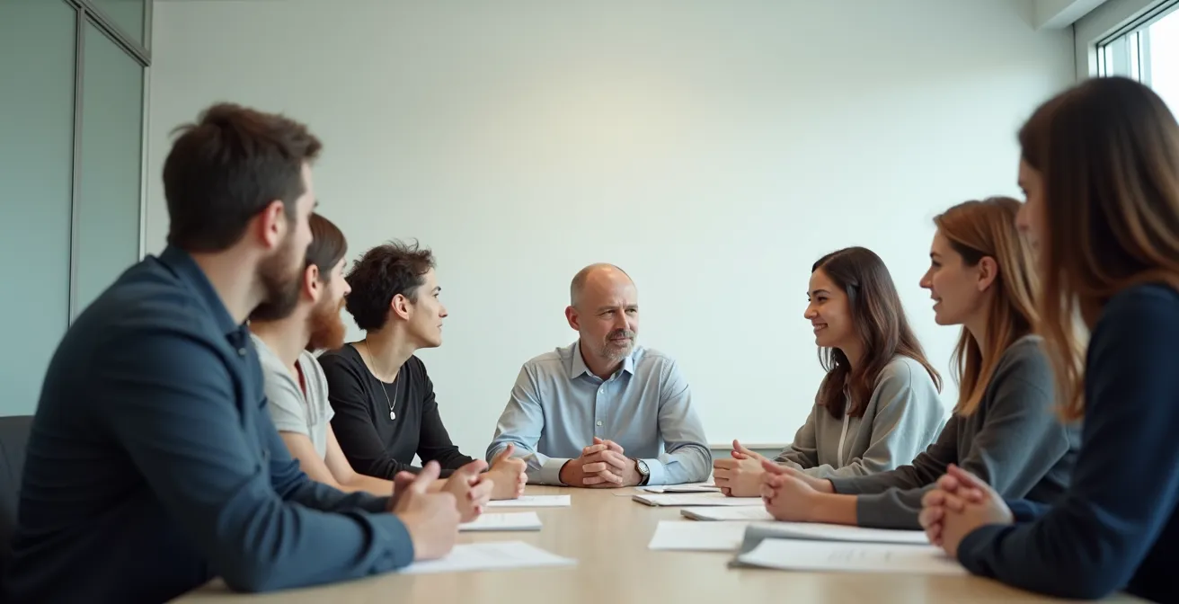 Salle de réunion épurée avec un groupe en discussion structurée autour d’une table moderne