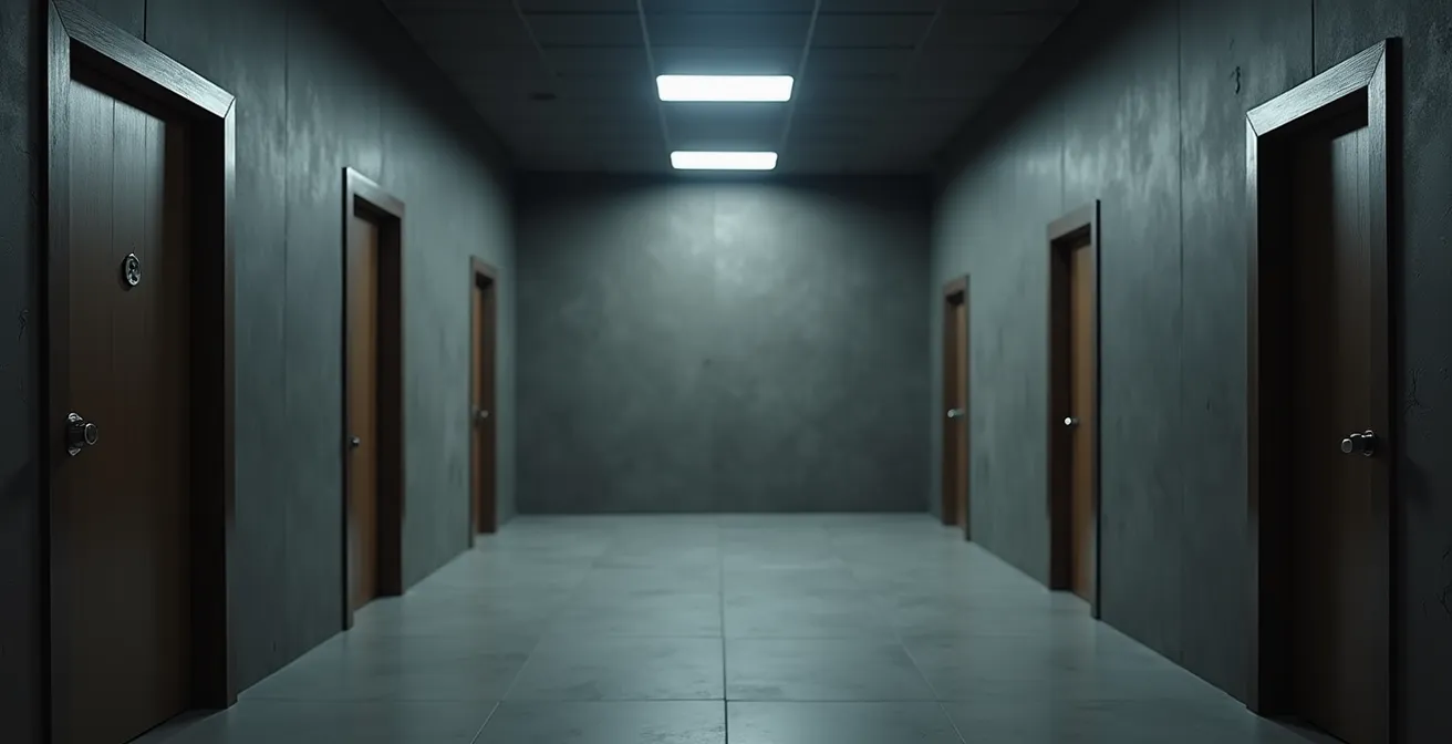 Image conceptuelle minimaliste d'une salle d'escape game avec espace épuré et lumière douce en arrière-plan