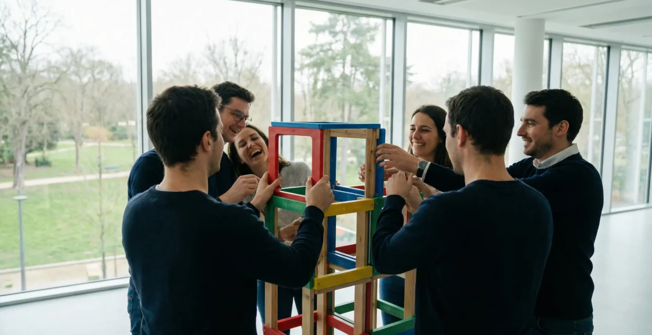 Équipe de collaborateurs participant à une activité de construction collaborative lors d'un team building