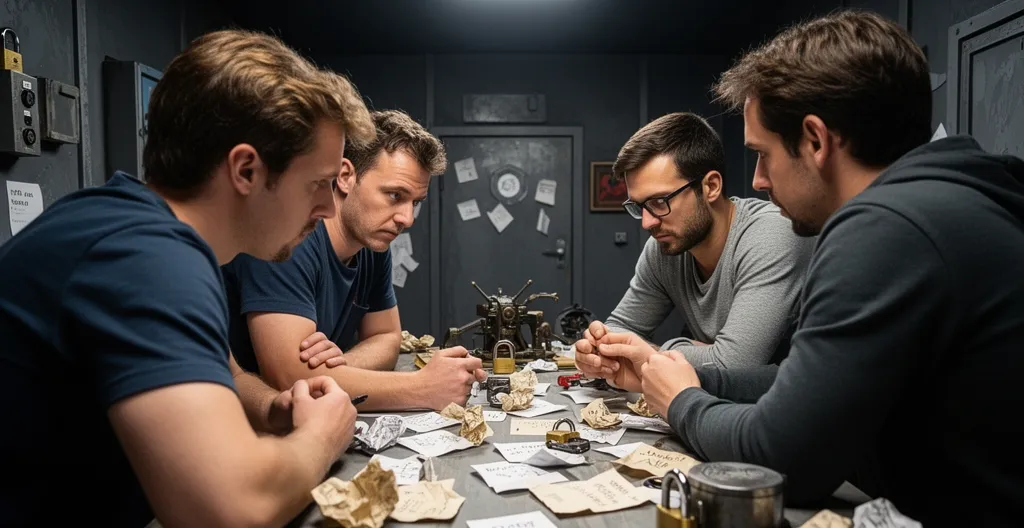 Équipe concentrée sur une activité de résolution collaborative type escape game